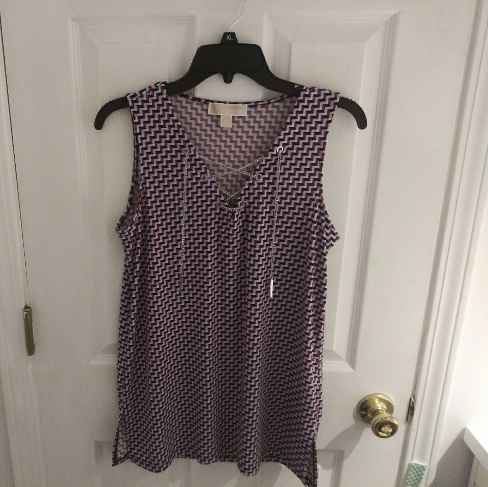 MICHAEL Michael Kors Shore Geo Print Metallic Chain Lace-Up Stretch Jersey Top